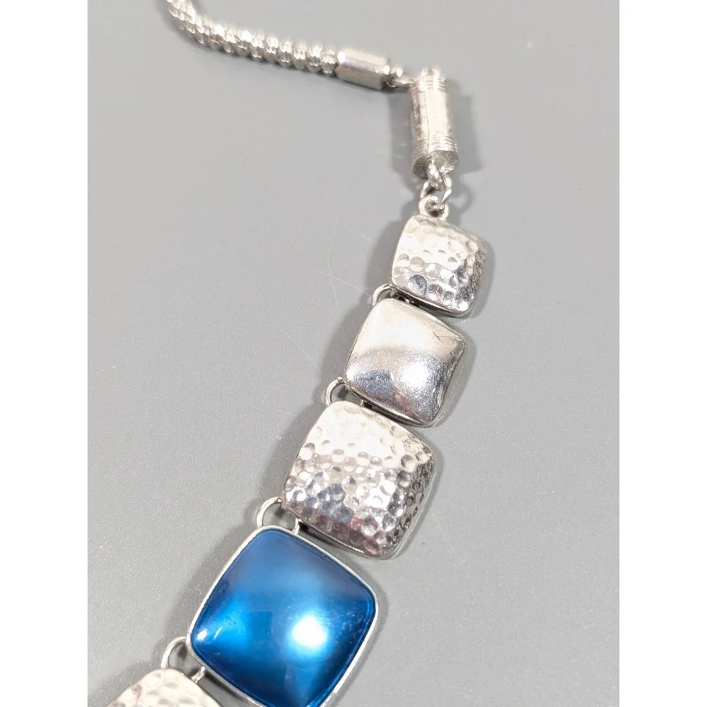 Blue‎ Enamel Hammered Statement Necklace Silver Tone Western Boho 22